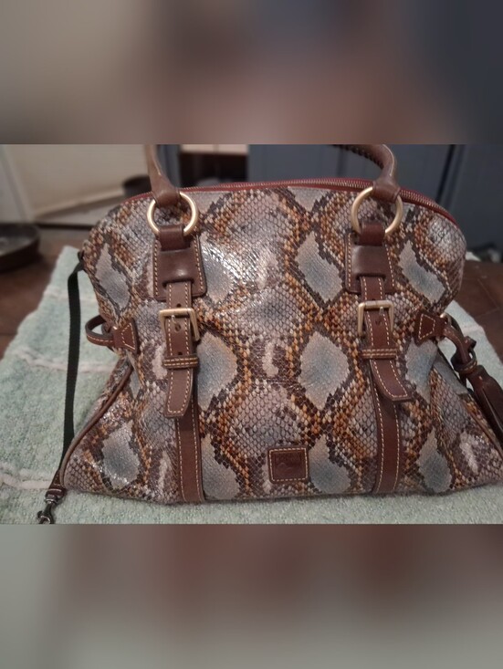 Dooney & Bourke Handbags - Dooney & Bourke Snake-Print Brown Satchel with Leather Trim